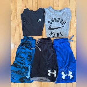 5 piece Boys M Athletic Nike and Under Armour Clothing Set. 3 shorts 2 tshirts